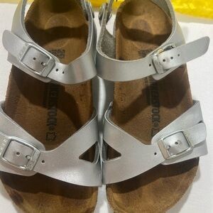 Birkenstock Kids Metallic Silver Double-Buckle Sandals